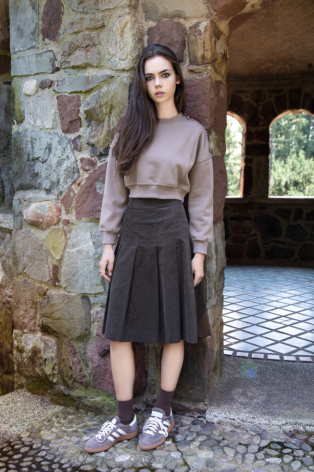 MUSHROOM SUEDE CORD PLEATED SKIRT-27