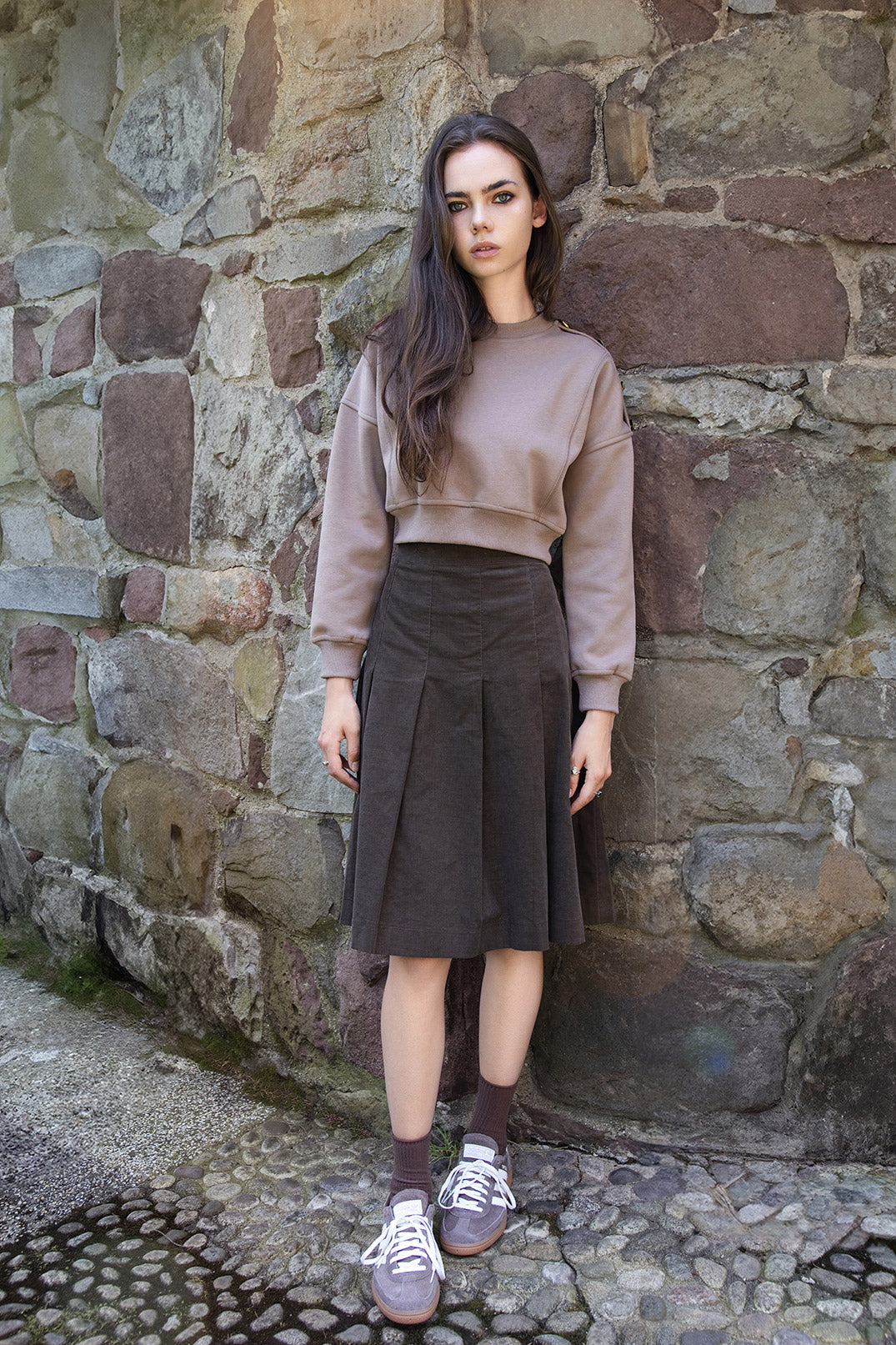 MUSHROOM SUEDE CORD PLEATED SKIRT-27