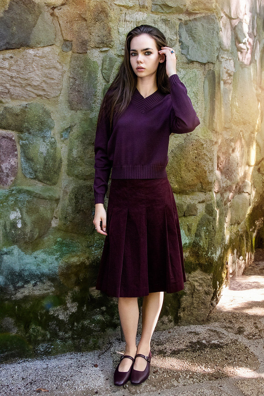 WINE SUEDE CORD PLEATED SKIRT
