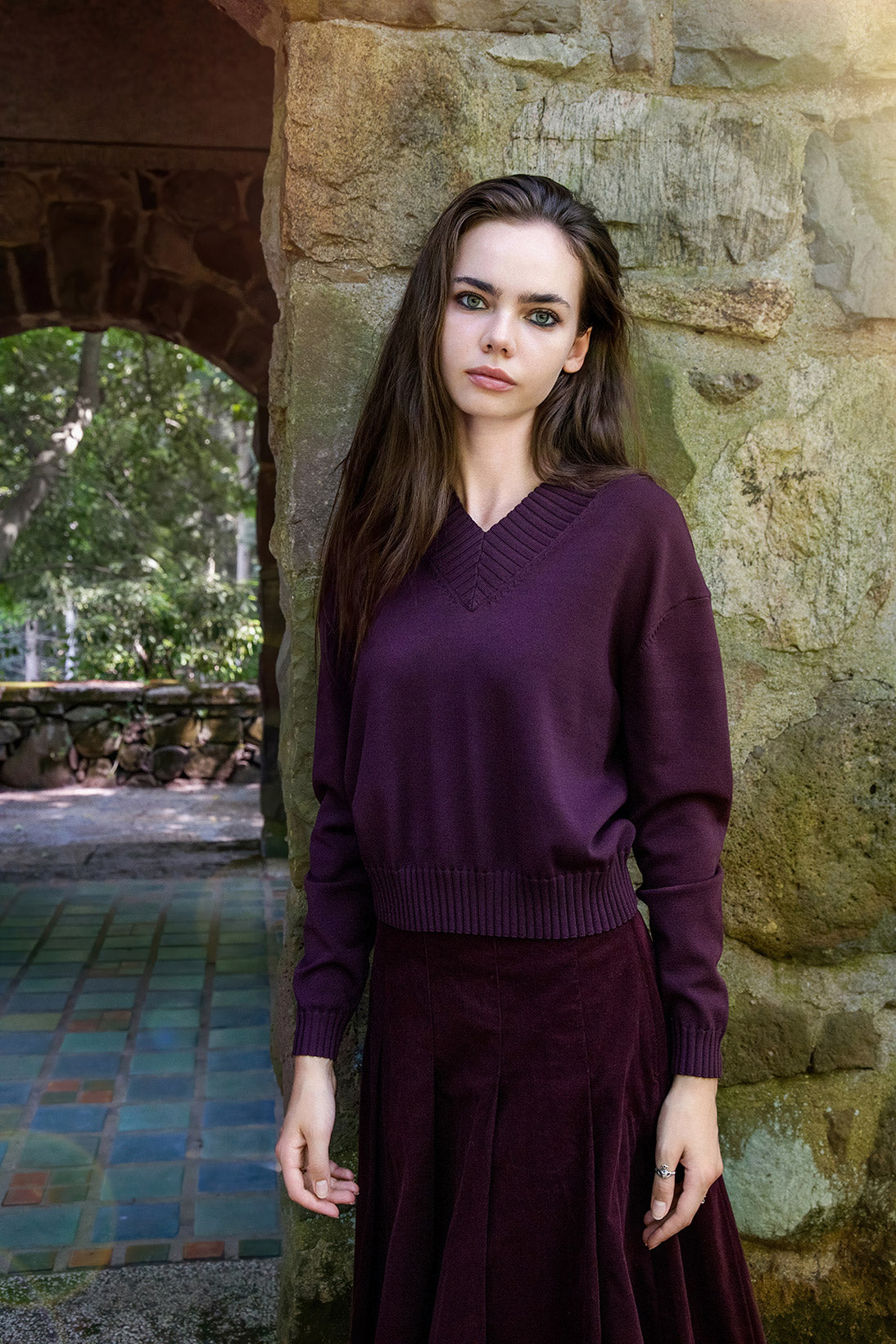 WINE SUEDE CORD PLEATED SKIRT