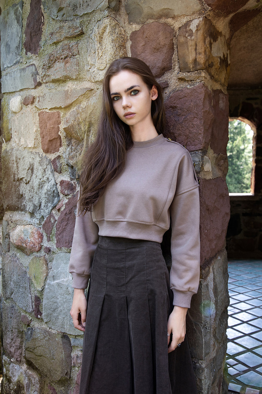 MUSHROOM SUEDE CORD PLEATED SKIRT-27
