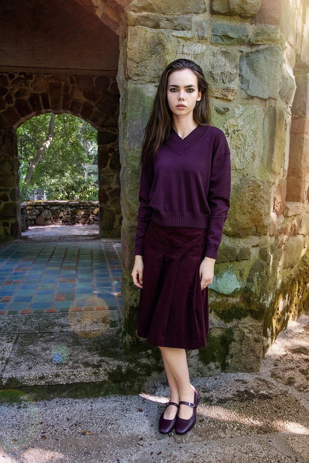 WINE SUEDE CORD PLEATED SKIRT